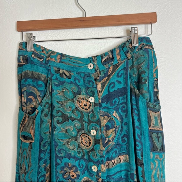 Vintage Karen Kane Rayon Abstract Print Maxi Skirt Teal Button Front Size 12 - Picture 11 of 16